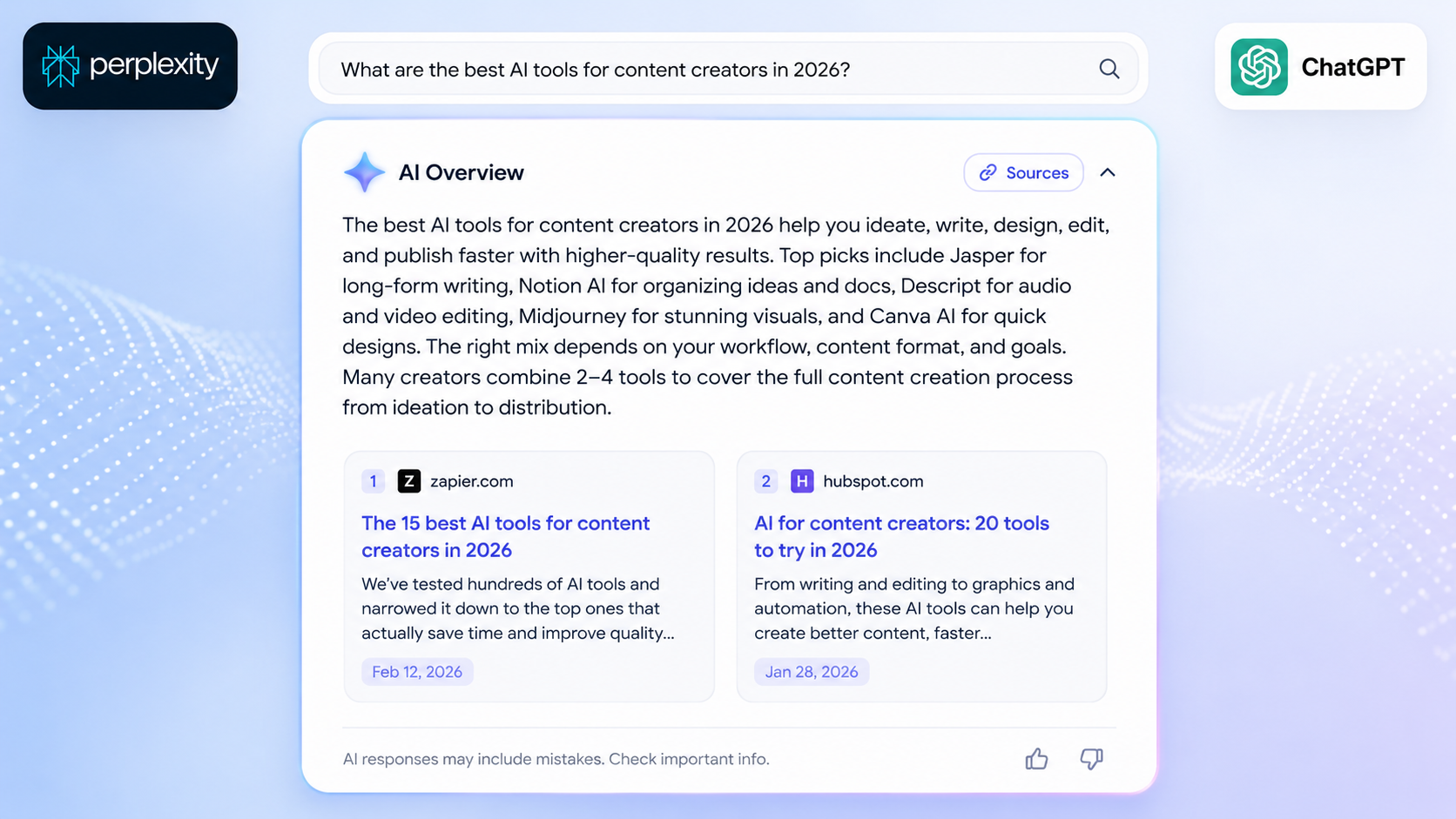 AI Overview answer panel showing cited affiliate content with Perplexity and ChatGPT logos