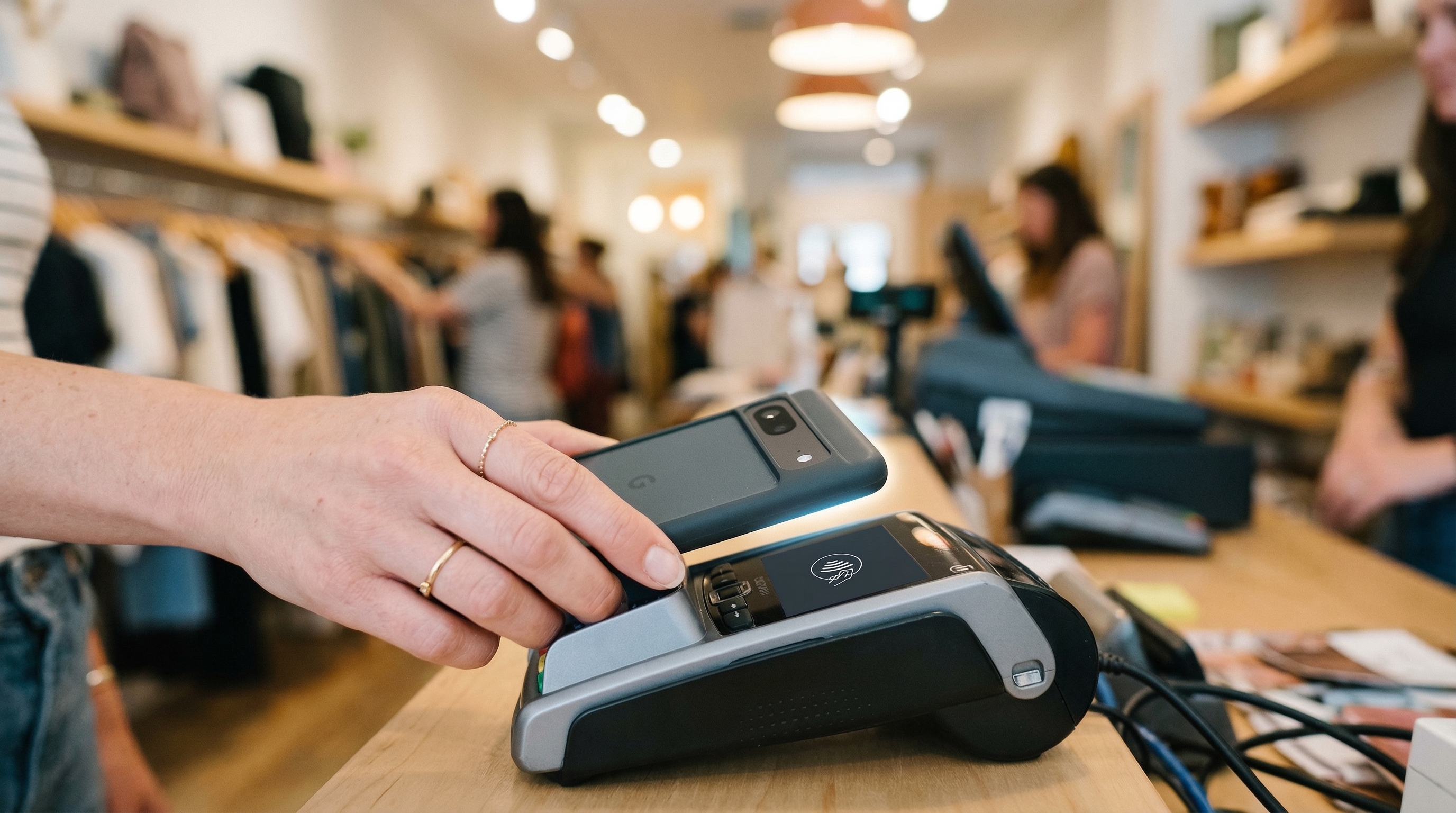 Mobile phone showing Apple Pay checkout confirmation on an e-commerce site