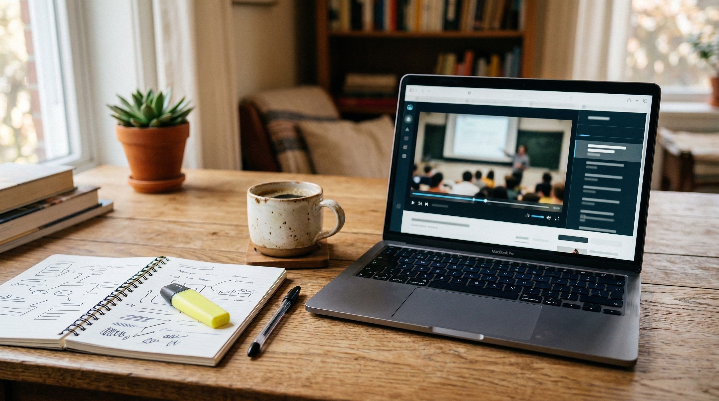 Entrepreneur working on business plan with course content on second screen