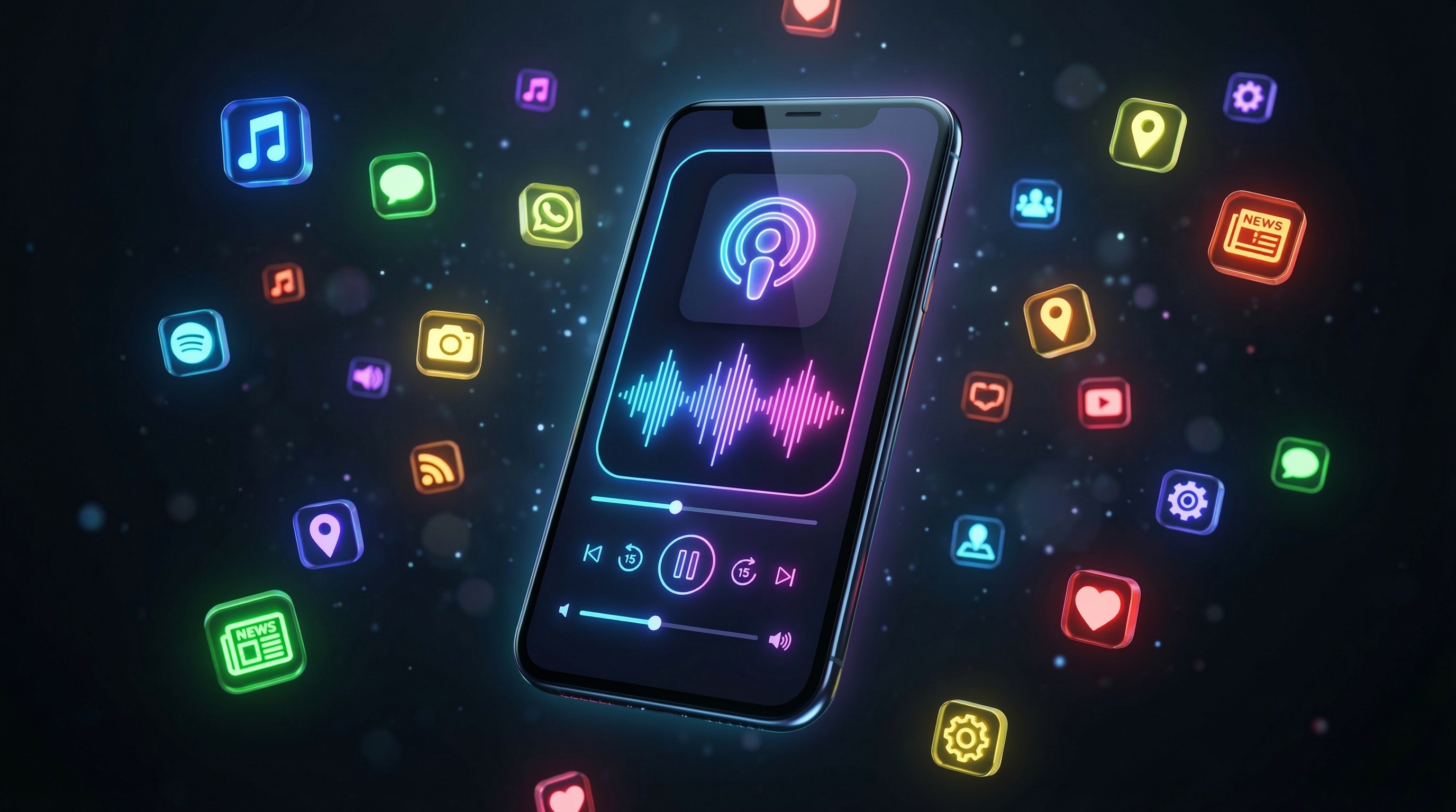 Smartphone screen showing multiple podcast app icons arranged in a grid