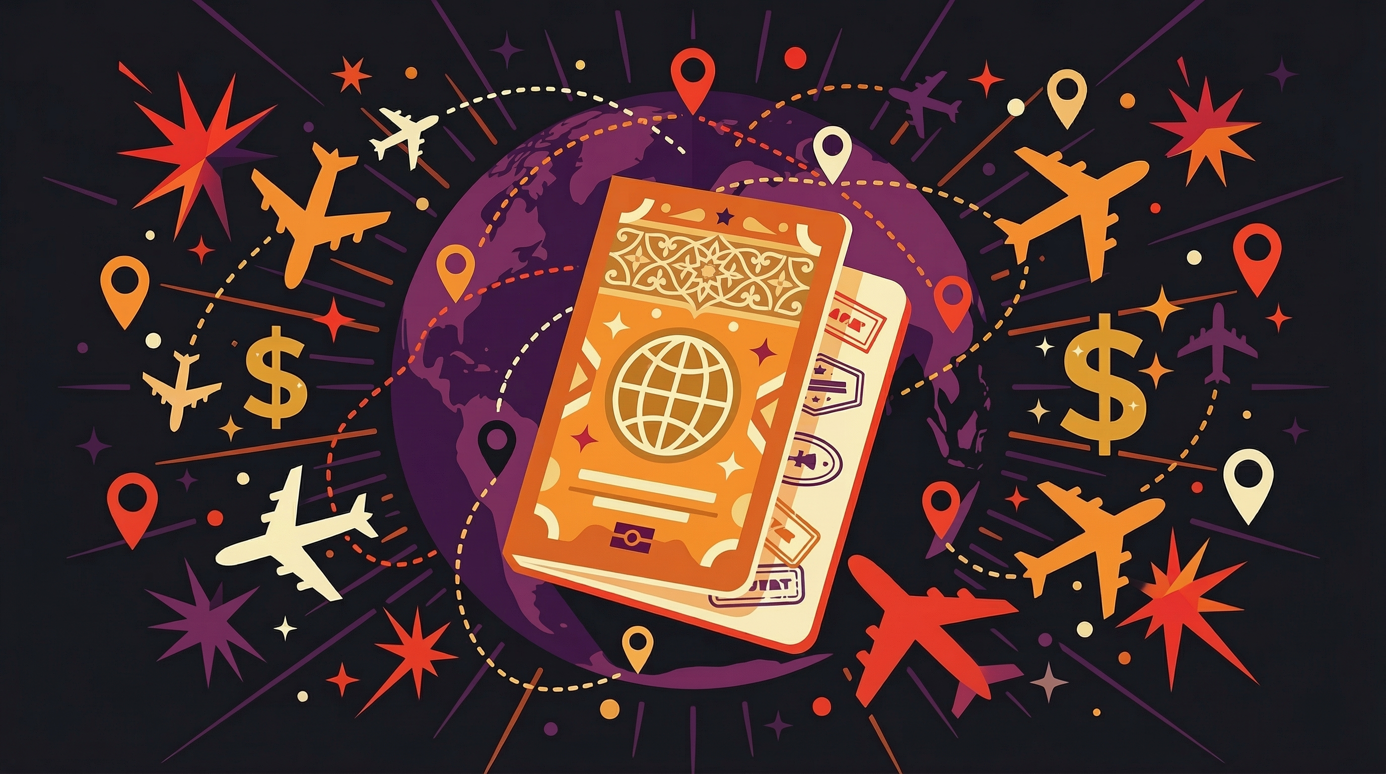 Laptop with travel booking website open next to a passport and map