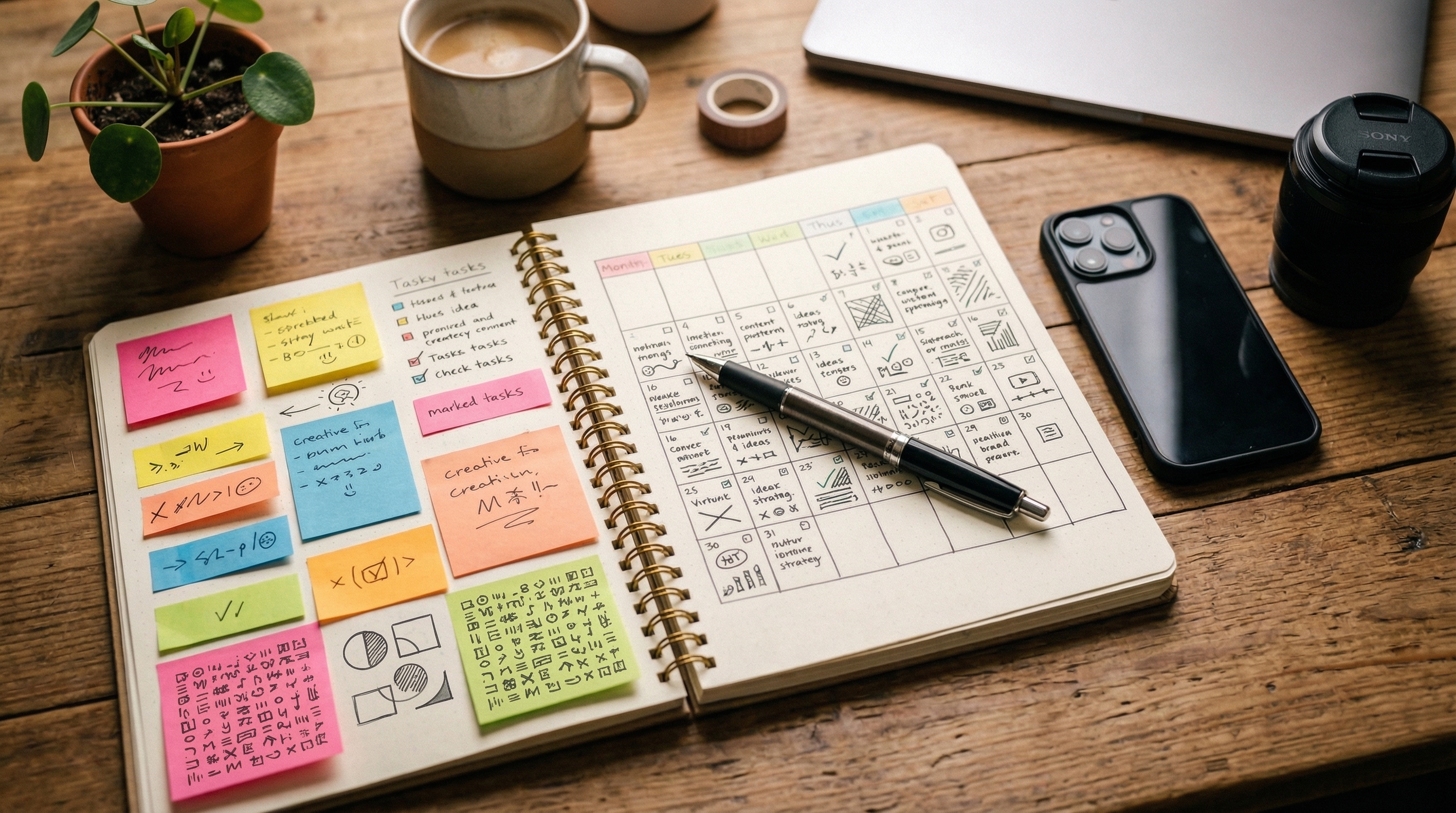 Content calendar and analytics dashboard on a desktop screen