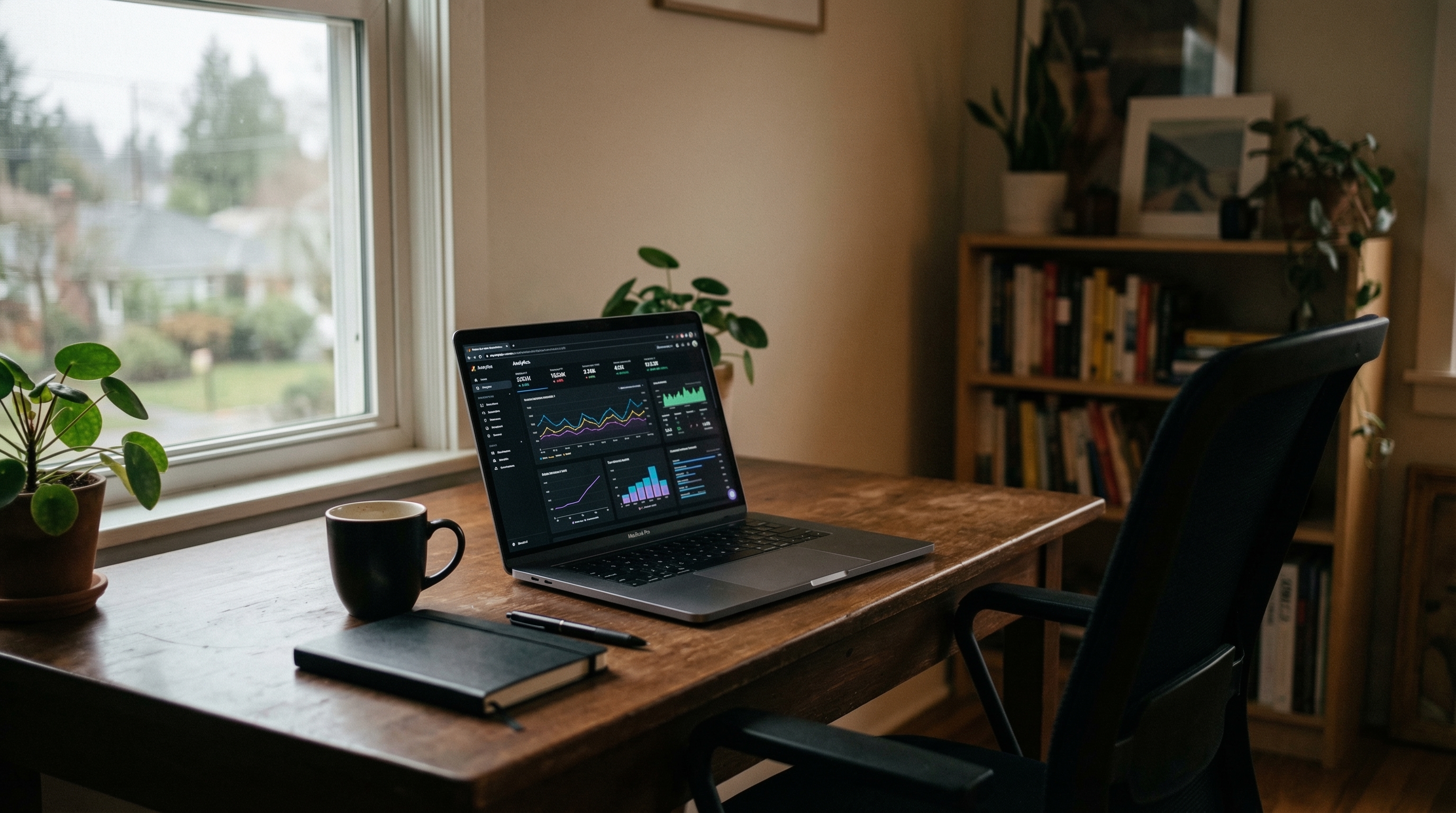 Minimal workspace with laptop showing analytics dashboard and no personal branding