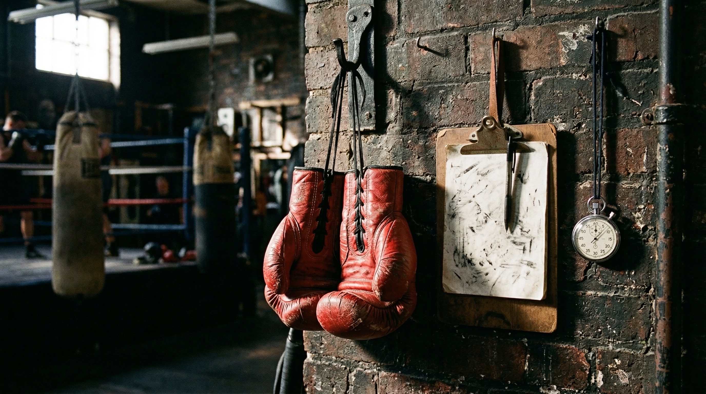 Boxing coach demonstrating technique on a heavy bag in a well-lit gym