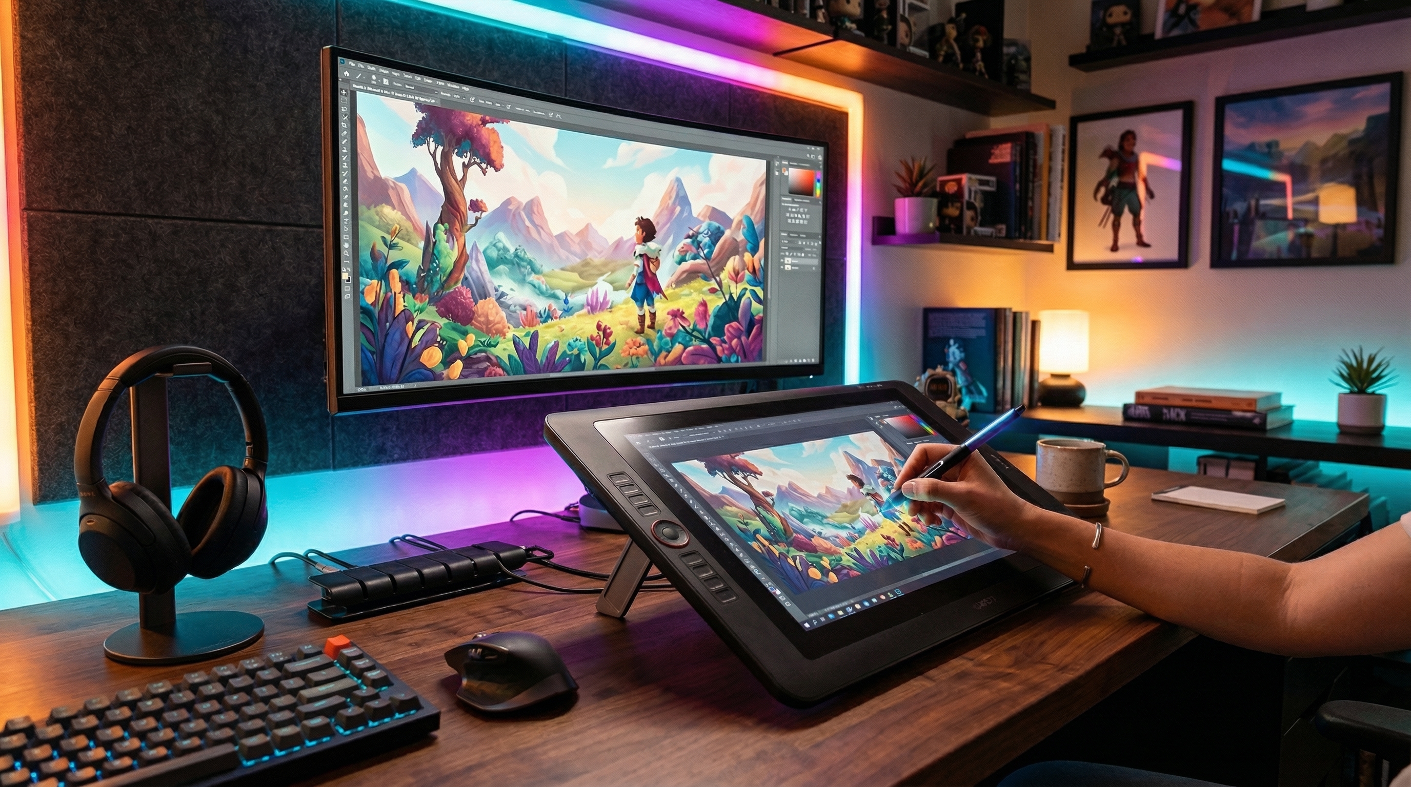 Digital creator workspace with laptop, camera, and ring light