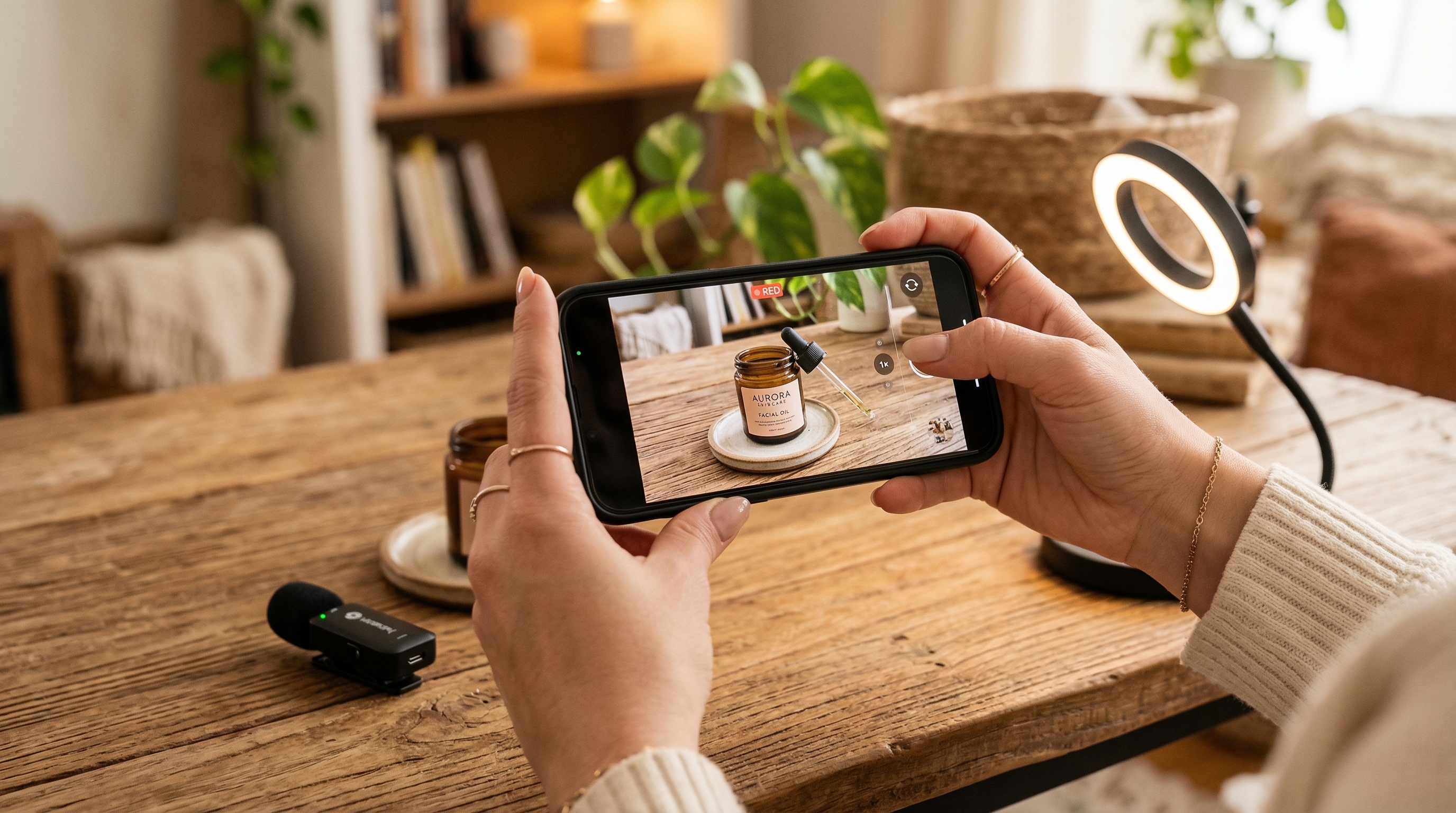 Creator filming product content with a smartphone setup