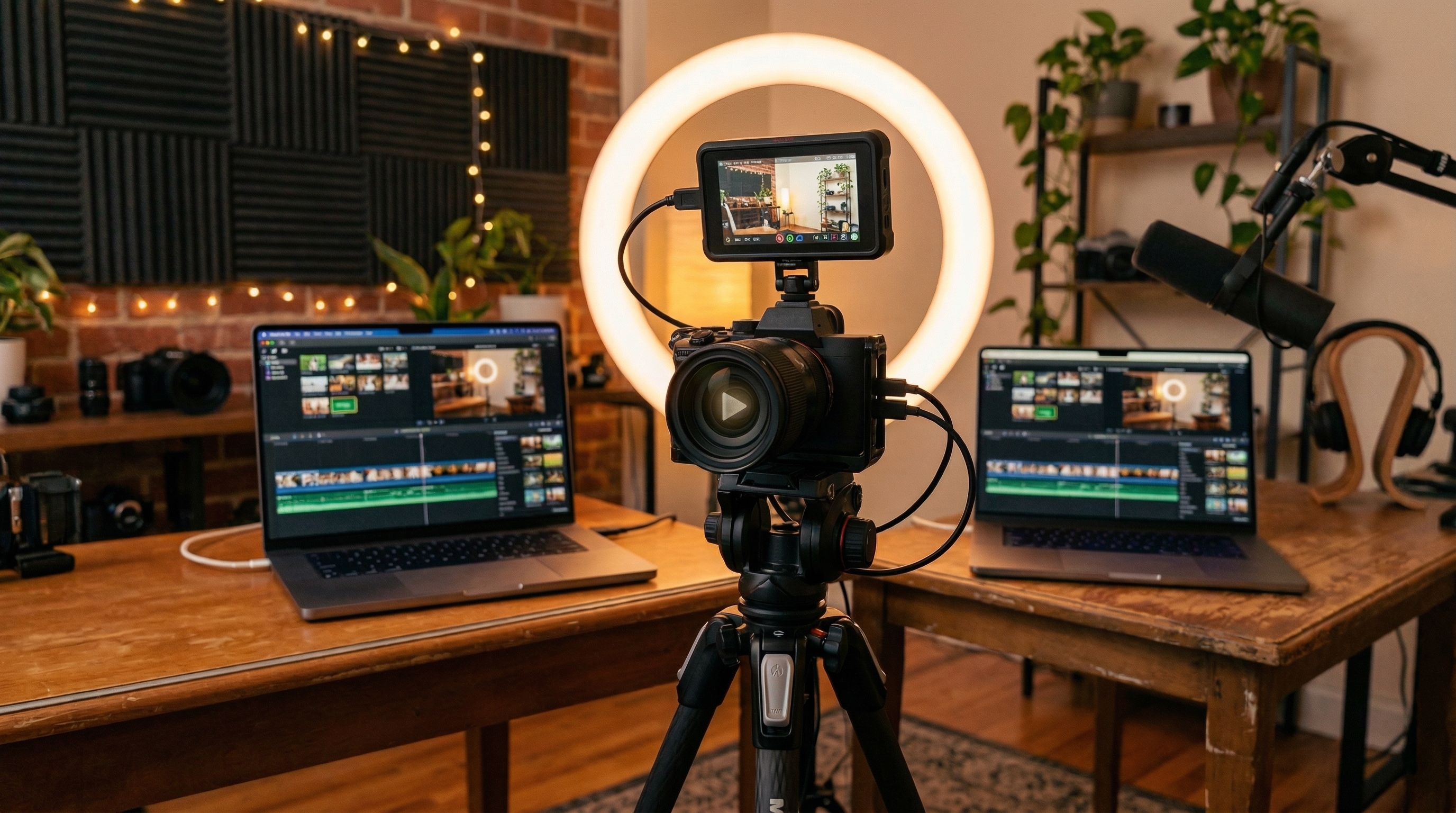 YouTube creator recording a video at a desk with camera and microphone