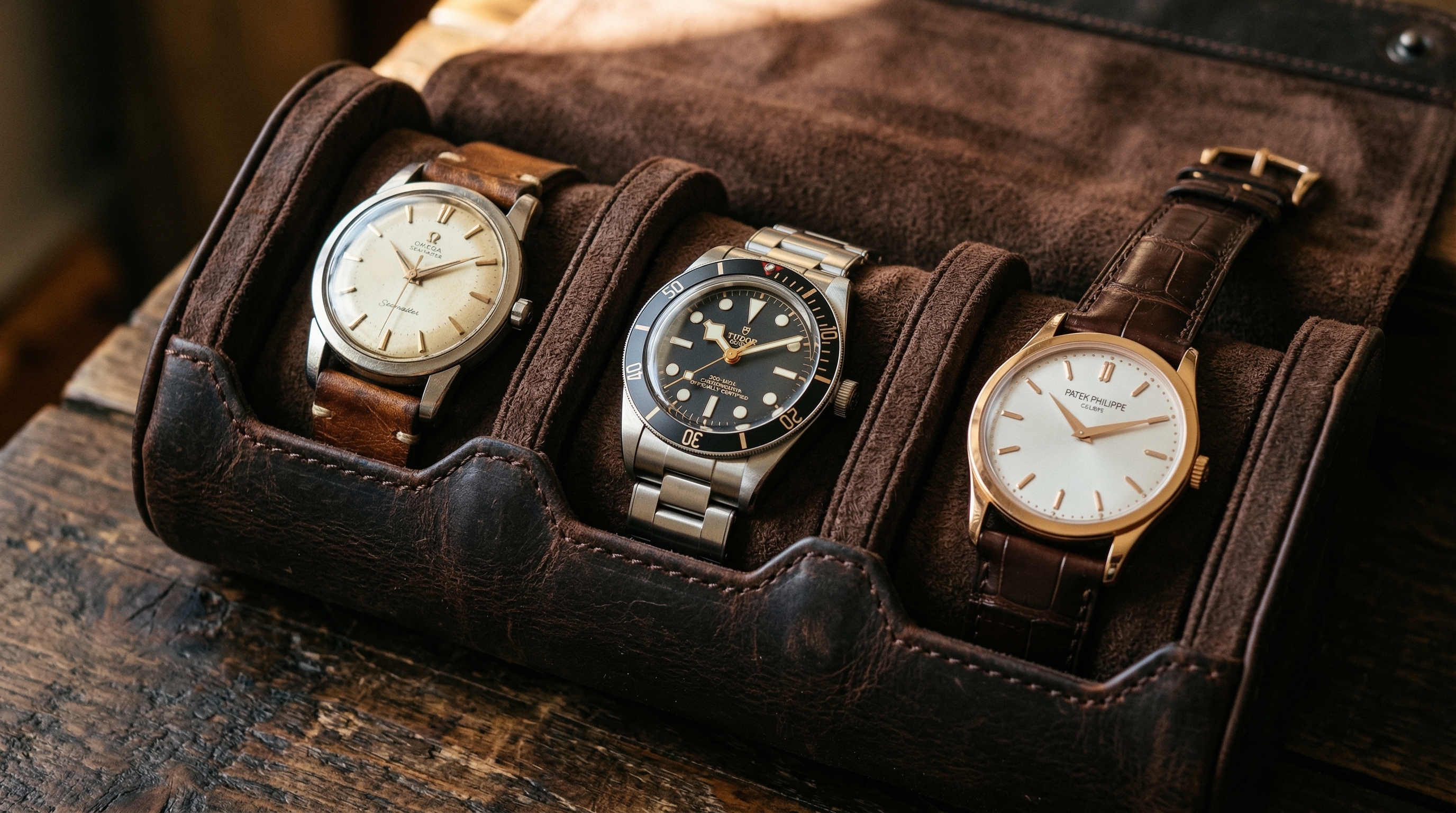 A collection of luxury watches laid out on a velvet surface with a magnifying loupe beside them