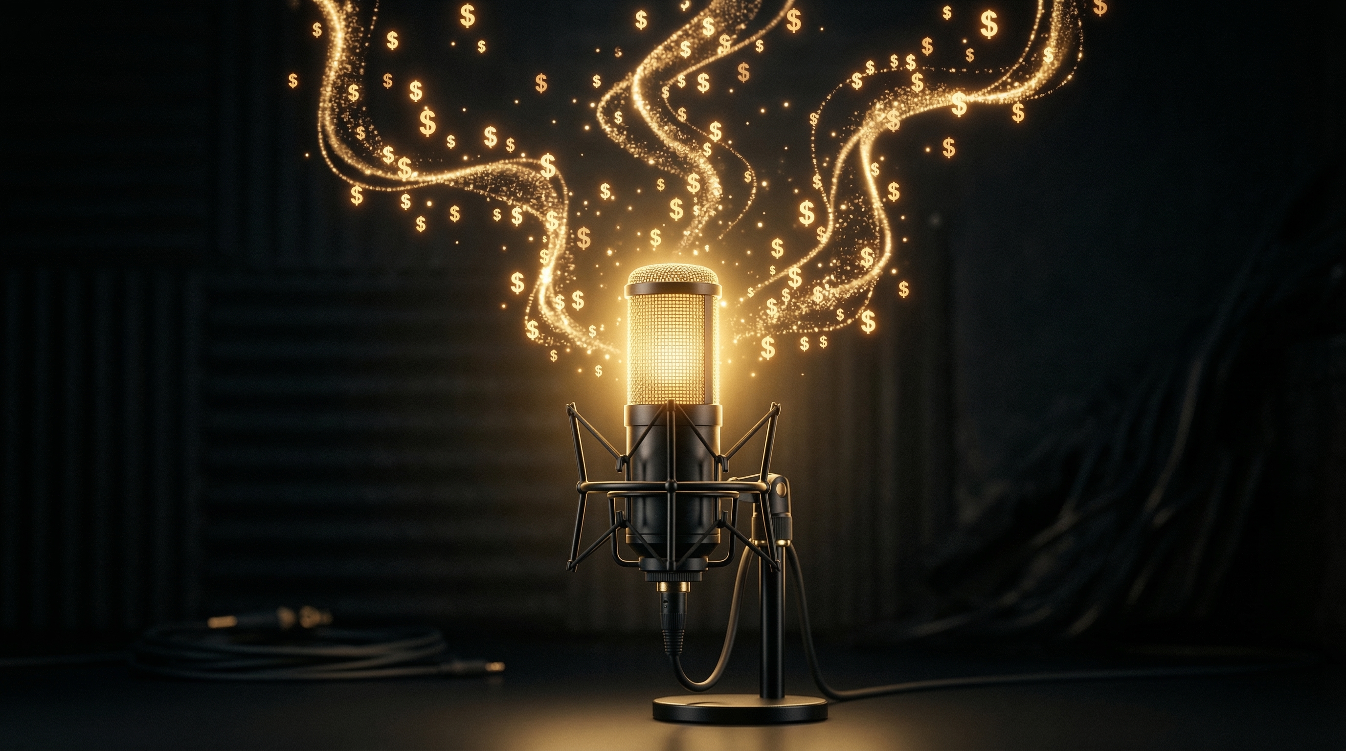 Podcast studio with revenue stream icons floating above a microphone