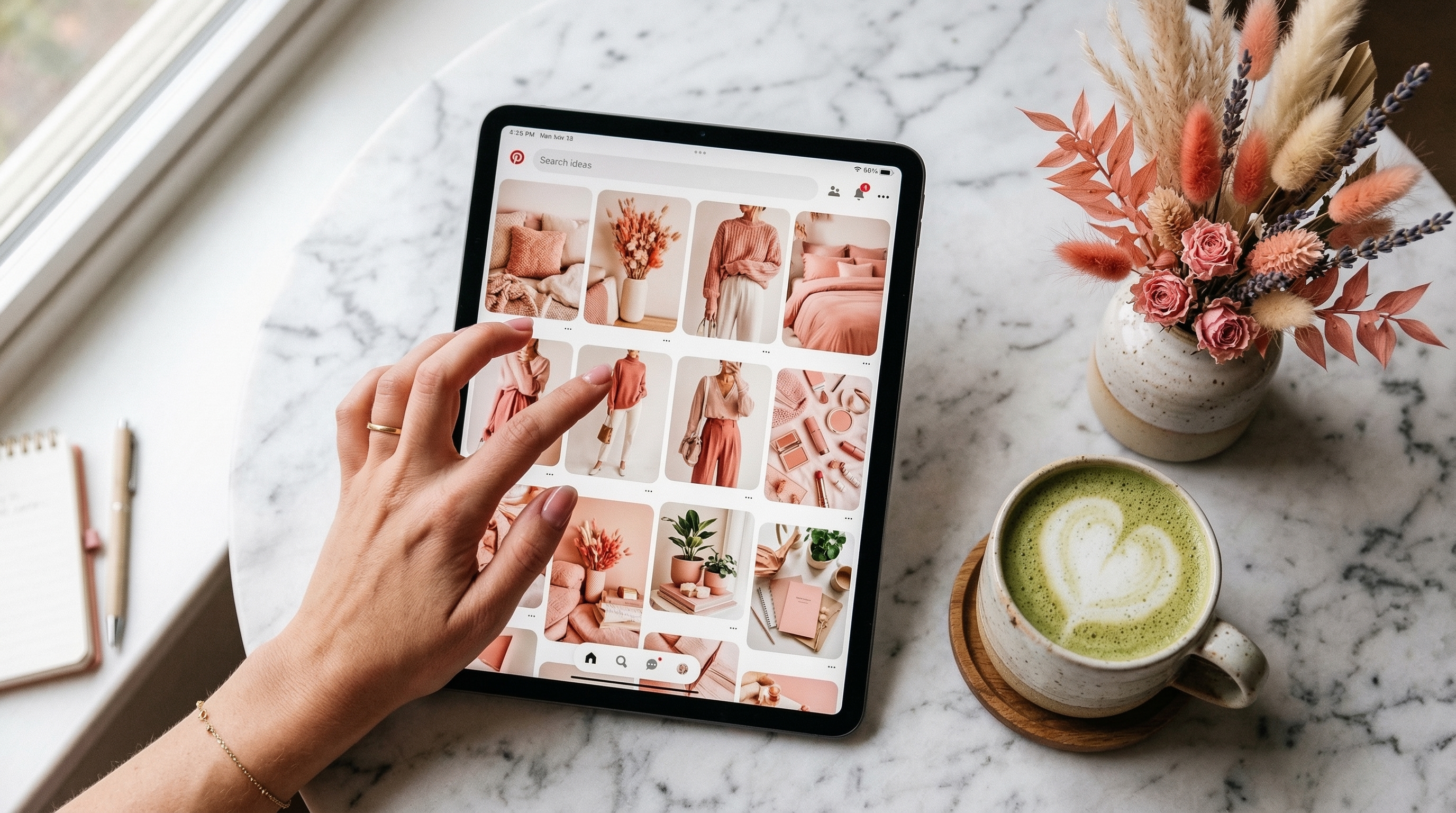 Pinterest board showing digital product pins on a tablet