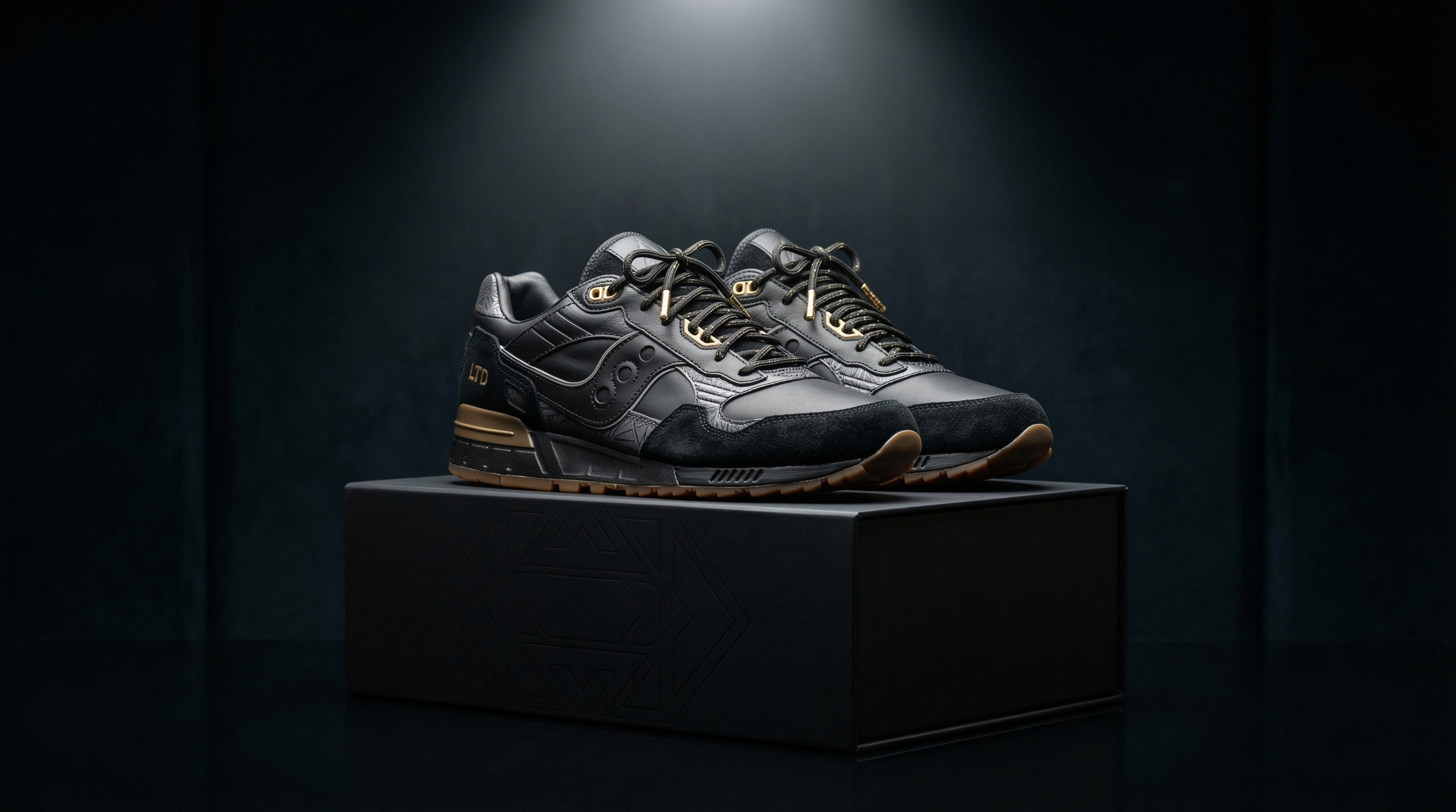 A pair of limited edition sneakers being packaged for shipment with a GOAT shipping label