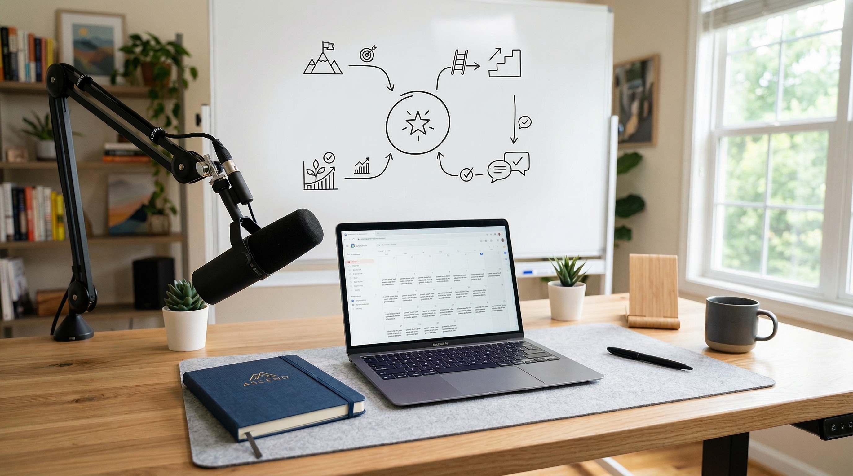 Entrepreneur setting up an online coaching business on a laptop with a planning notebook