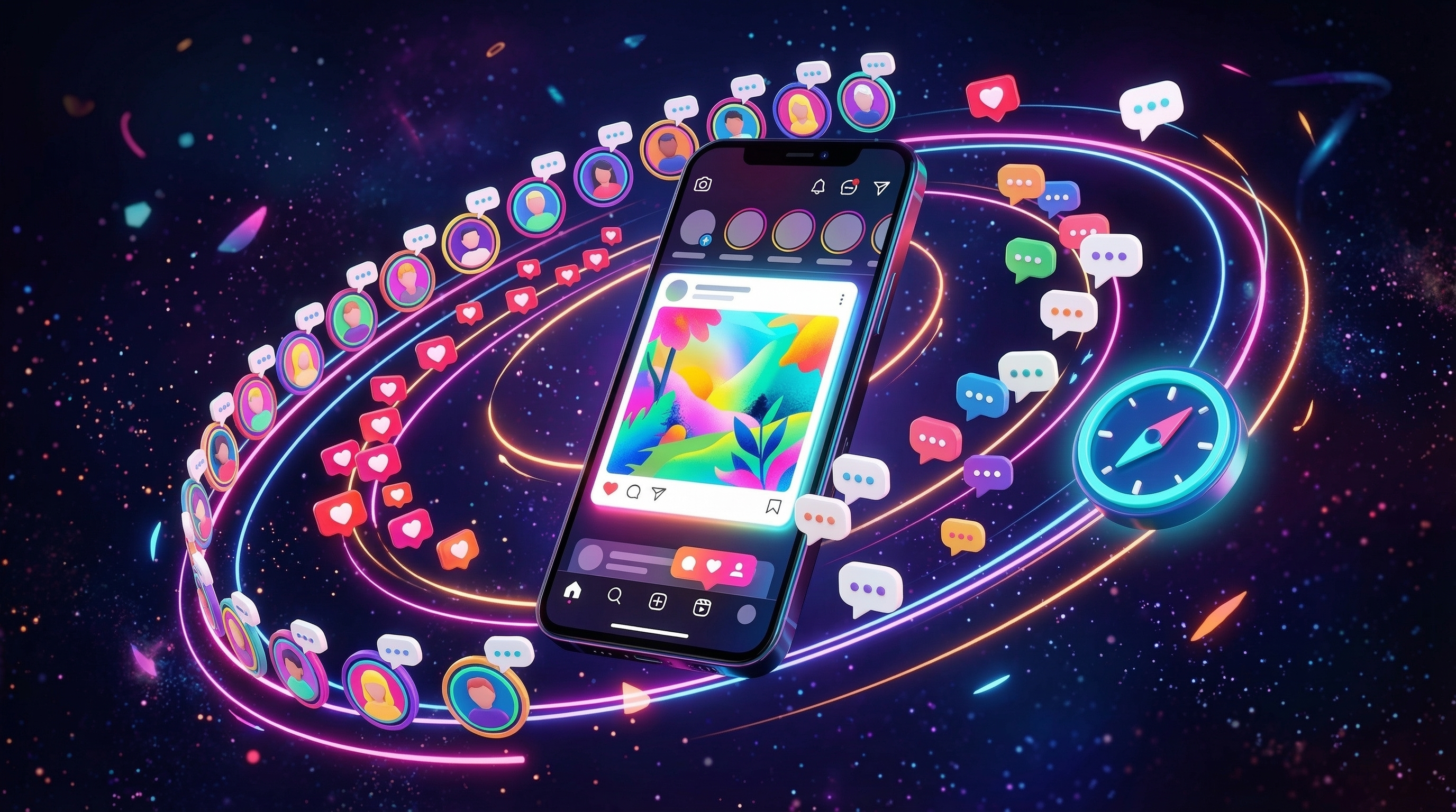 Smartphone displaying the Instagram app interface with various content formats and navigation elements