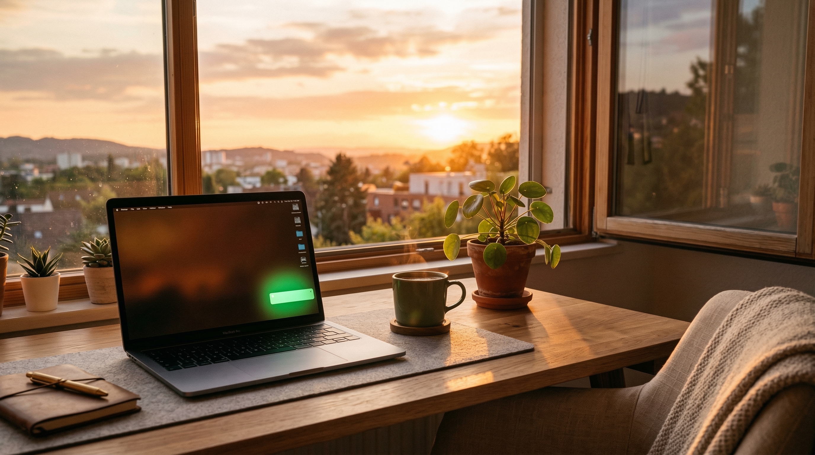 Home office setup with laptop and coffee for remote work