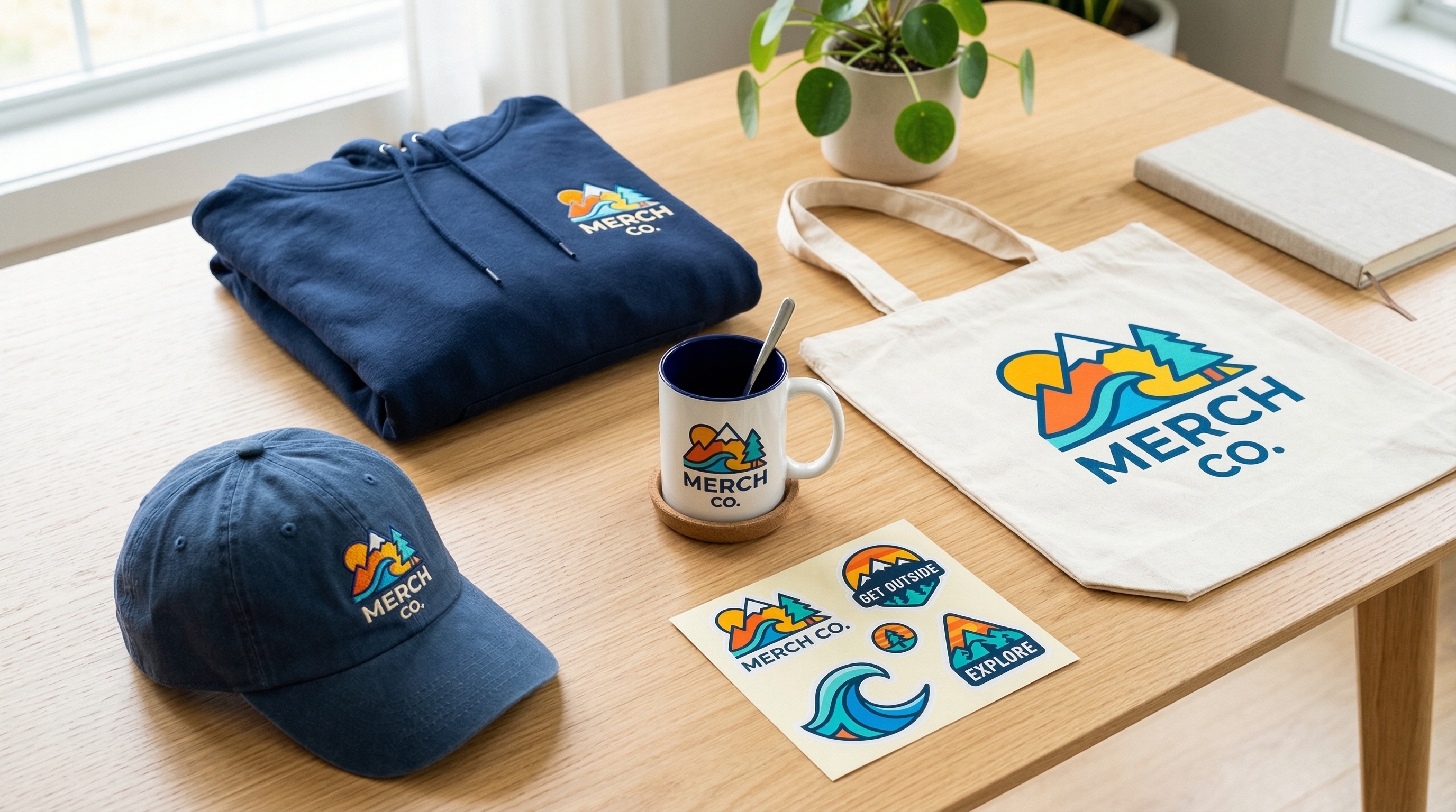 Flat lay of branded merchandise including hoodie, enamel pins, tote bag, and sticker pack