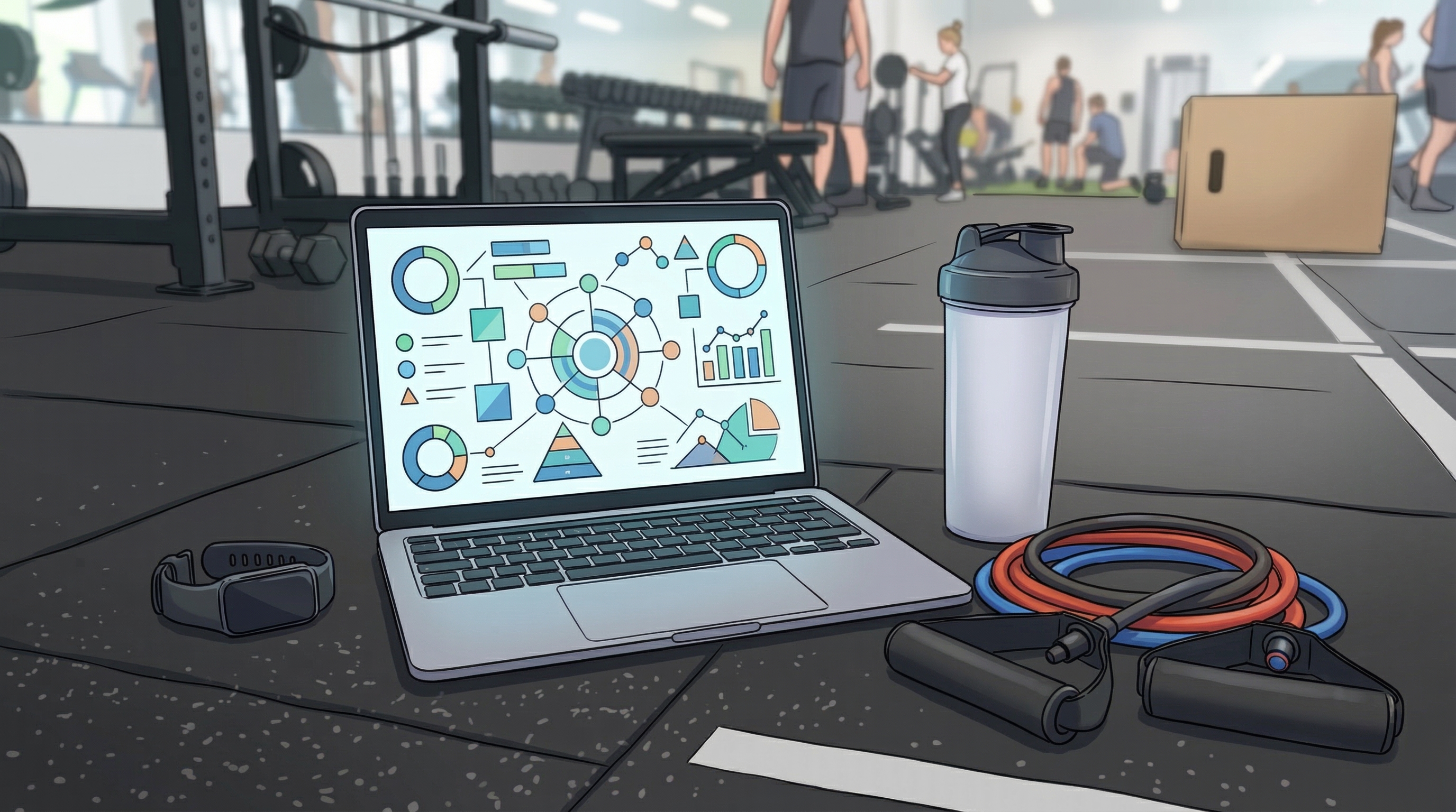 Fitness entrepreneur working on their online business with workout plans and analytics on screen