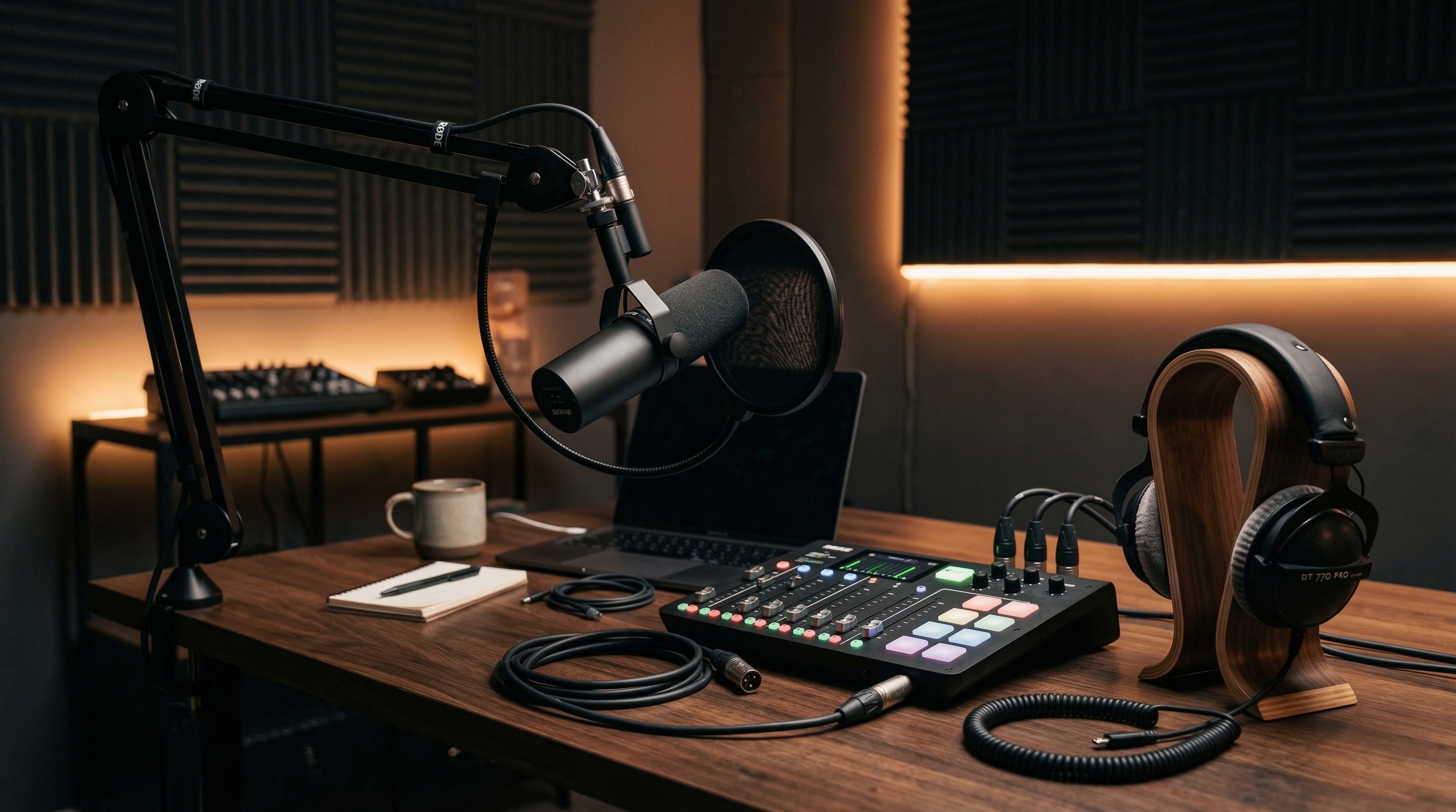 Flat lay of podcast equipment including microphone, headphones, audio interface, and pop filter