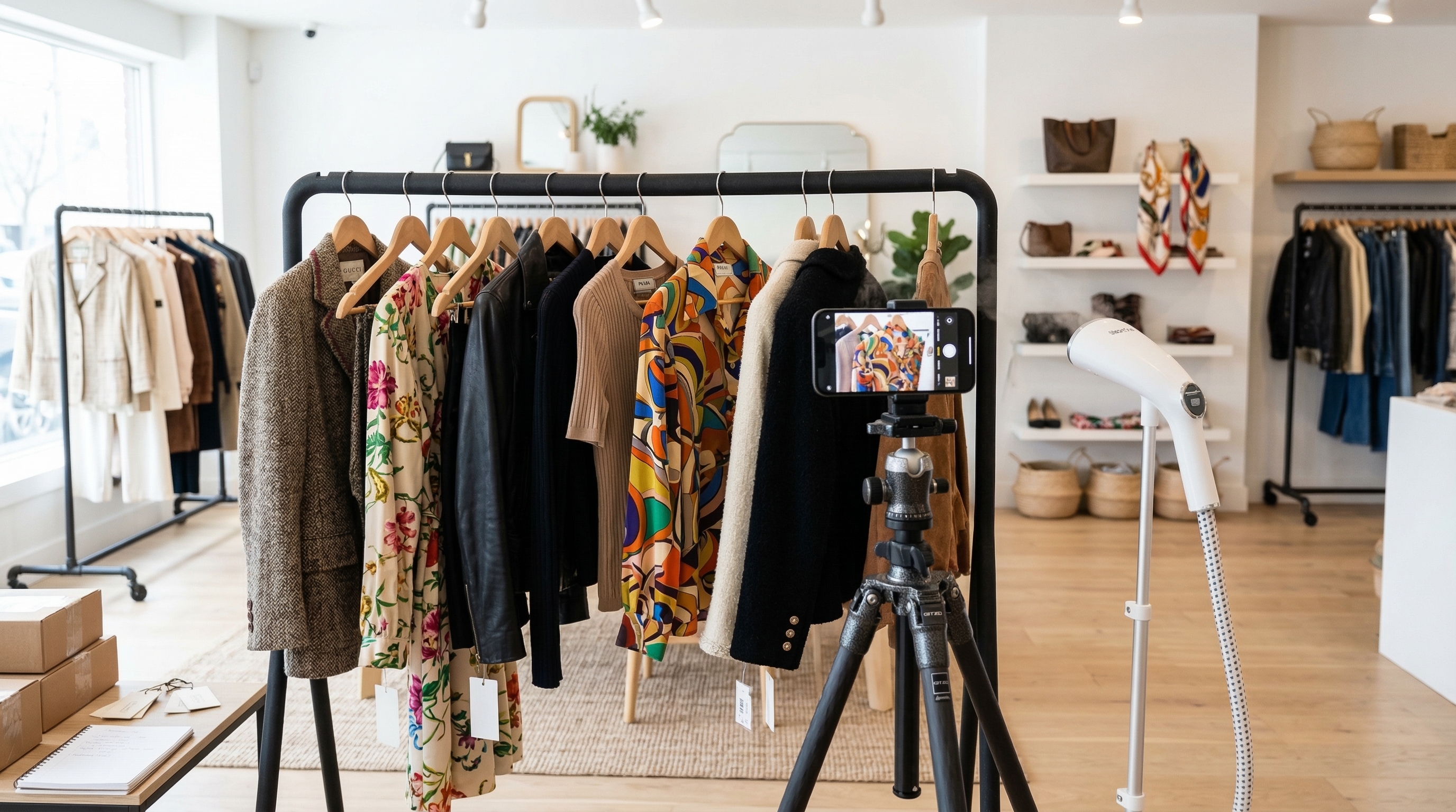 Neatly organized racks of pre-owned clothing with brand tags visible in a reseller workspace