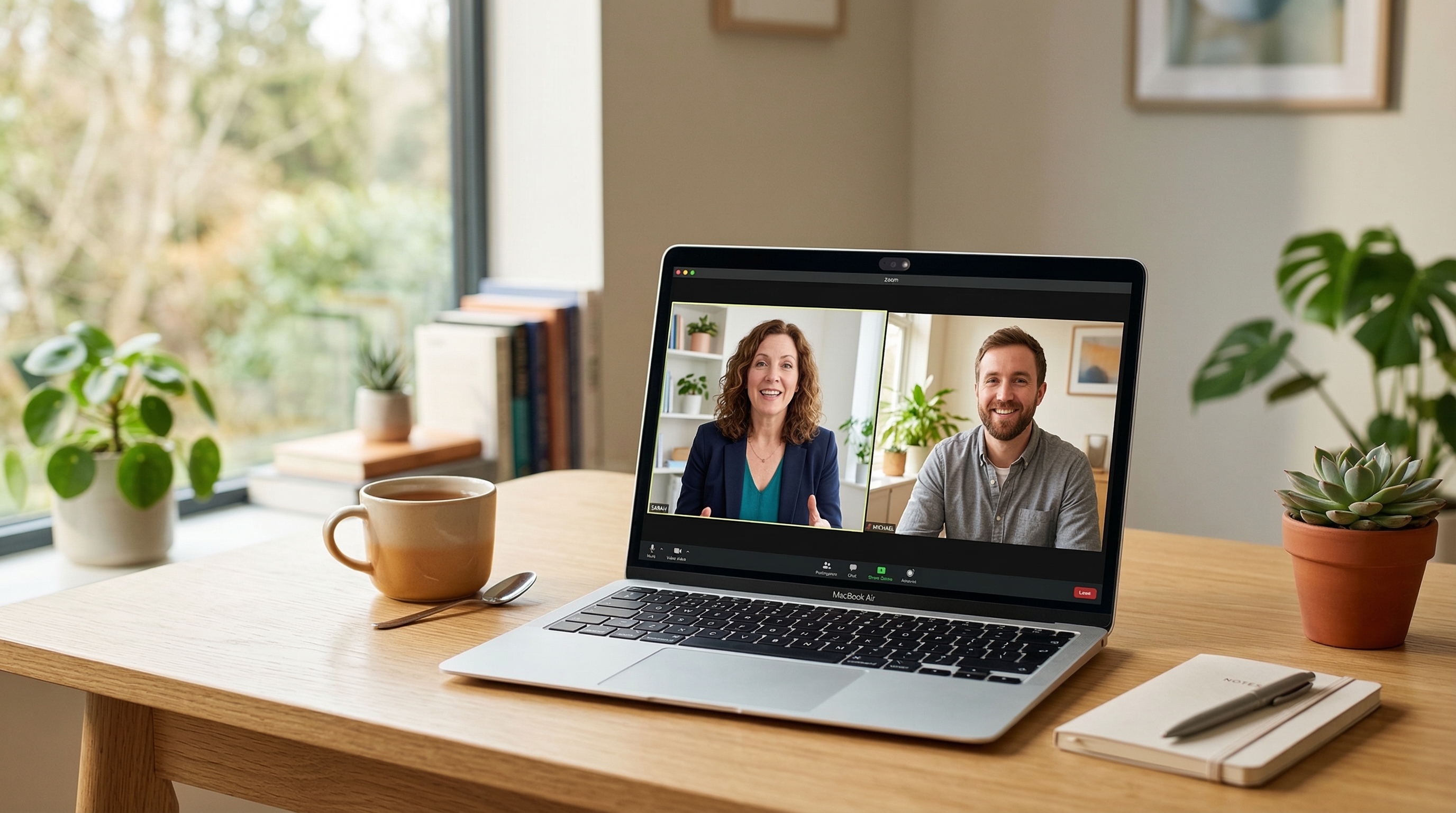 Person having a video coaching session on a laptop in a bright home office