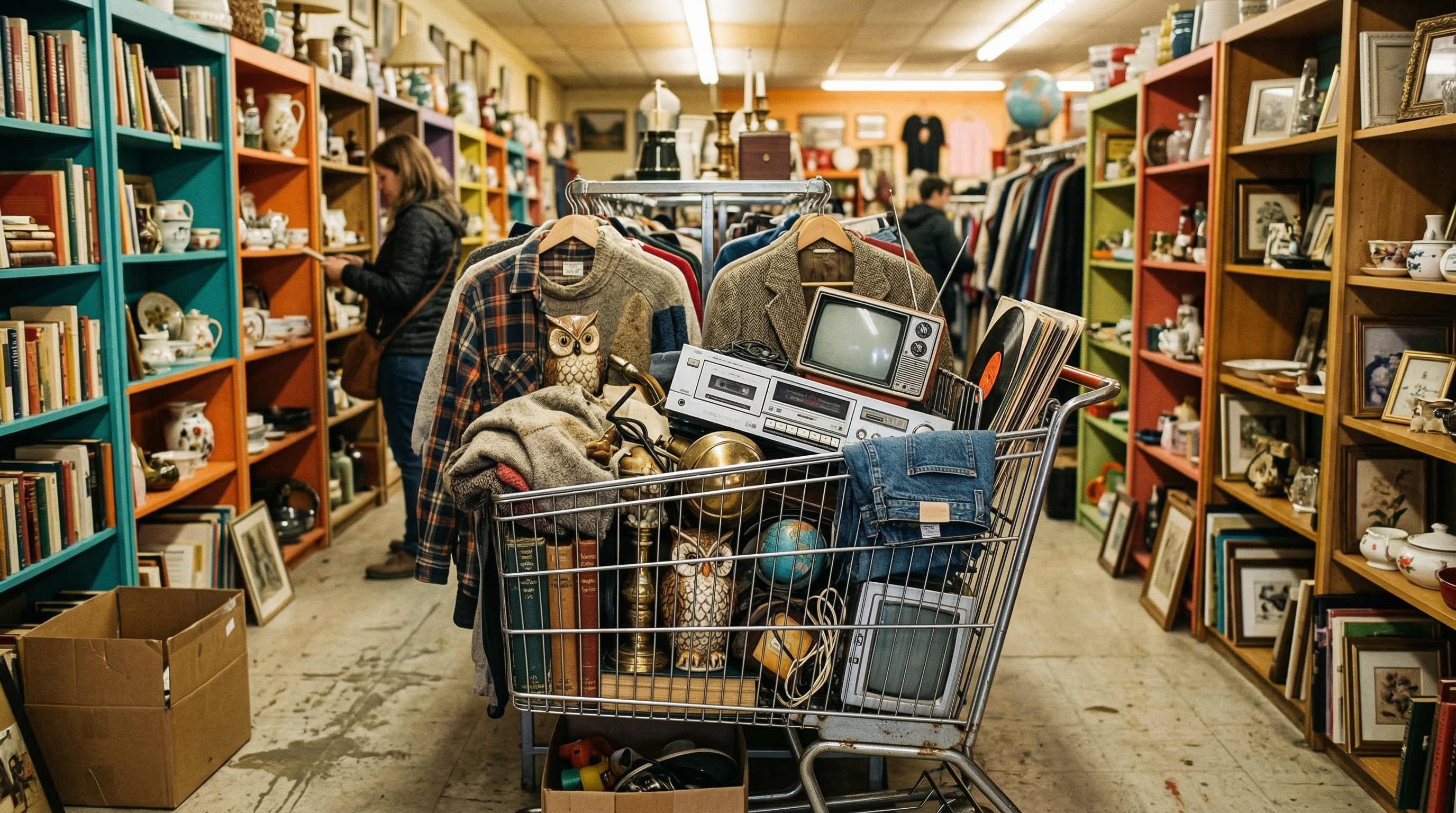 A reseller inspecting items at a thrift store with a smartphone in hand scanning barcodes