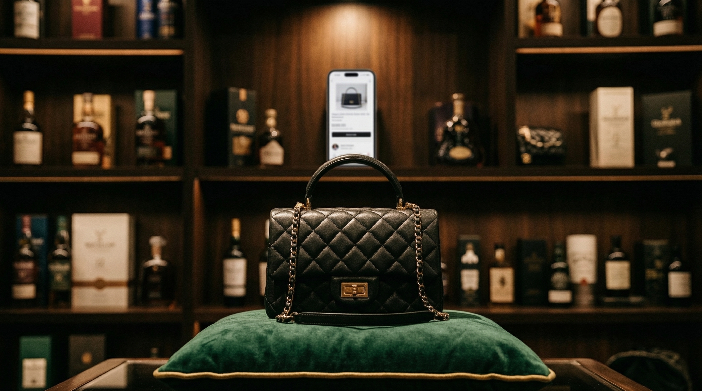 Designer handbags from luxury brands displayed on a marble countertop with authentication cards